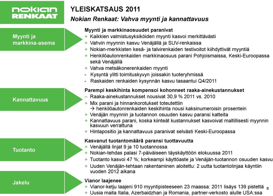 Pohjoismaissa, Keski-Euroopassa sekä Venäjällä + Vahva metsäkonerenkaiden myynti - Kysyntä ylitti toimituskyvyn joissakin tuoteryhmissä - Raskaiden renkaiden kysynnän kasvu tasaantui Q4/2011 Parempi