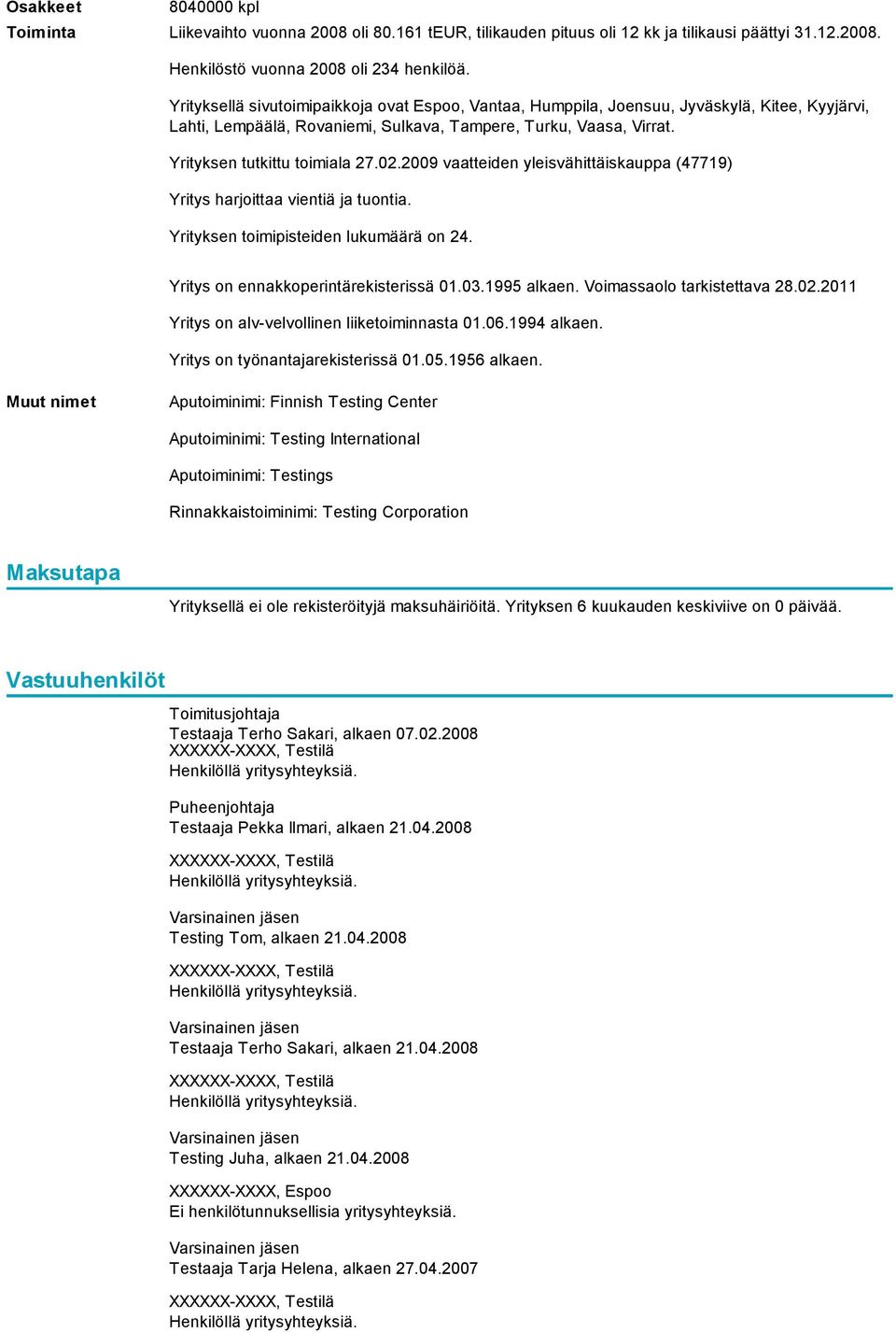 2009 vaatteiden yleisvähittäiskauppa (47719) Yritys harjoittaa vientiä ja tuontia. Yrityksen toimipisteiden lukumäärä on 24. Yritys on ennakkoperintärekisterissä 01.03.1995 alkaen.