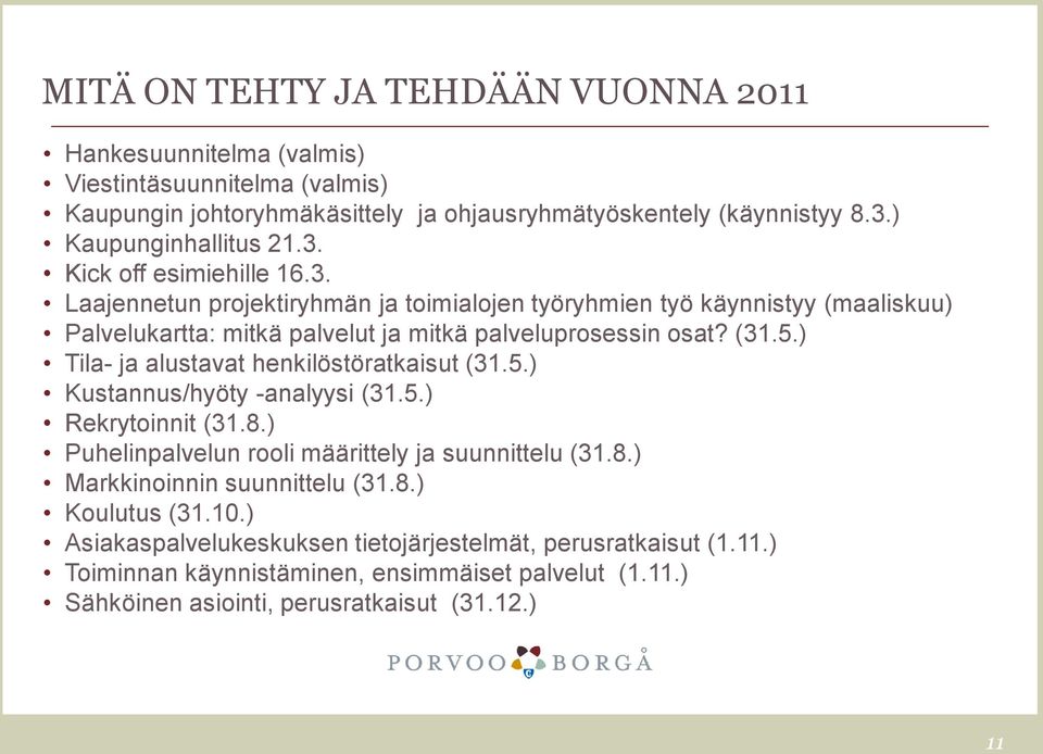 (31.5.) Tila- ja alustavat henkilöstöratkaisut (31.5.) Kustannus/hyöty -analyysi (31.5.) Rekrytoinnit (31.8.) Puhelinpalvelun rooli määrittely ja suunnittelu (31.8.) Markkinoinnin suunnittelu (31.