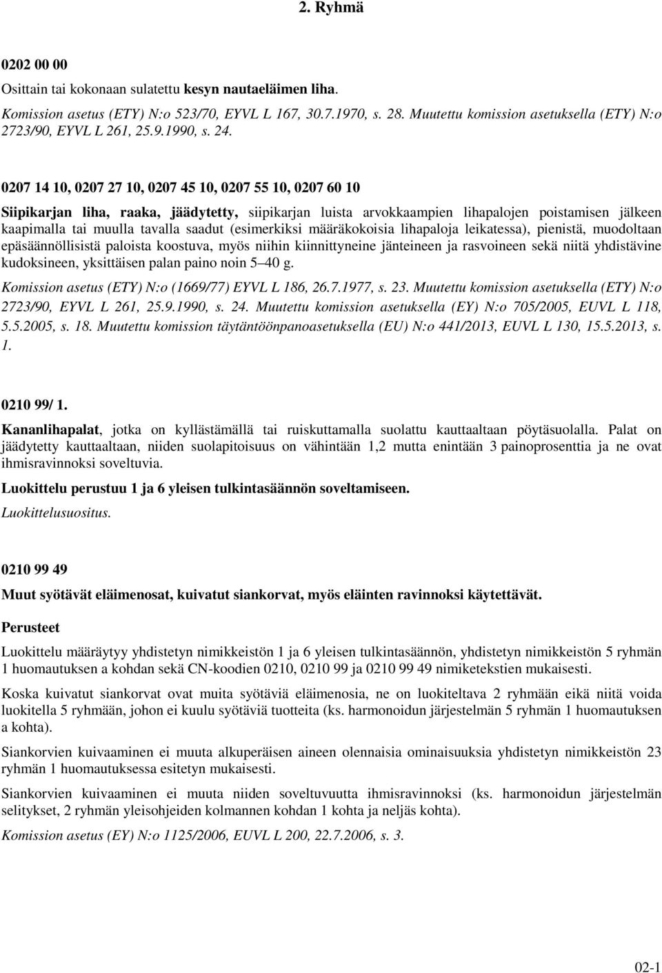 0207 14 10, 0207 27 10, 0207 45 10, 0207 55 10, 0207 60 10 Siipikarjan liha, raaka, jäädytetty, siipikarjan luista arvokkaampien lihapalojen poistamisen jälkeen kaapimalla tai muulla tavalla saadut