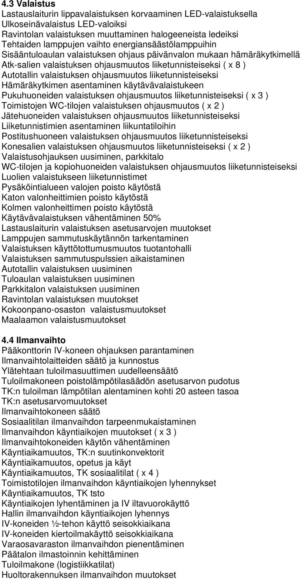 liiketunnisteiseksi Hämäräkytkimen asentaminen käytävävalaistukeen Pukuhuoneiden valaistuksen ohjausmuutos liiketunnisteiseksi ( x 3 ) Toimistojen WC-tilojen valaistuksen ohjausmuutos ( x 2 )