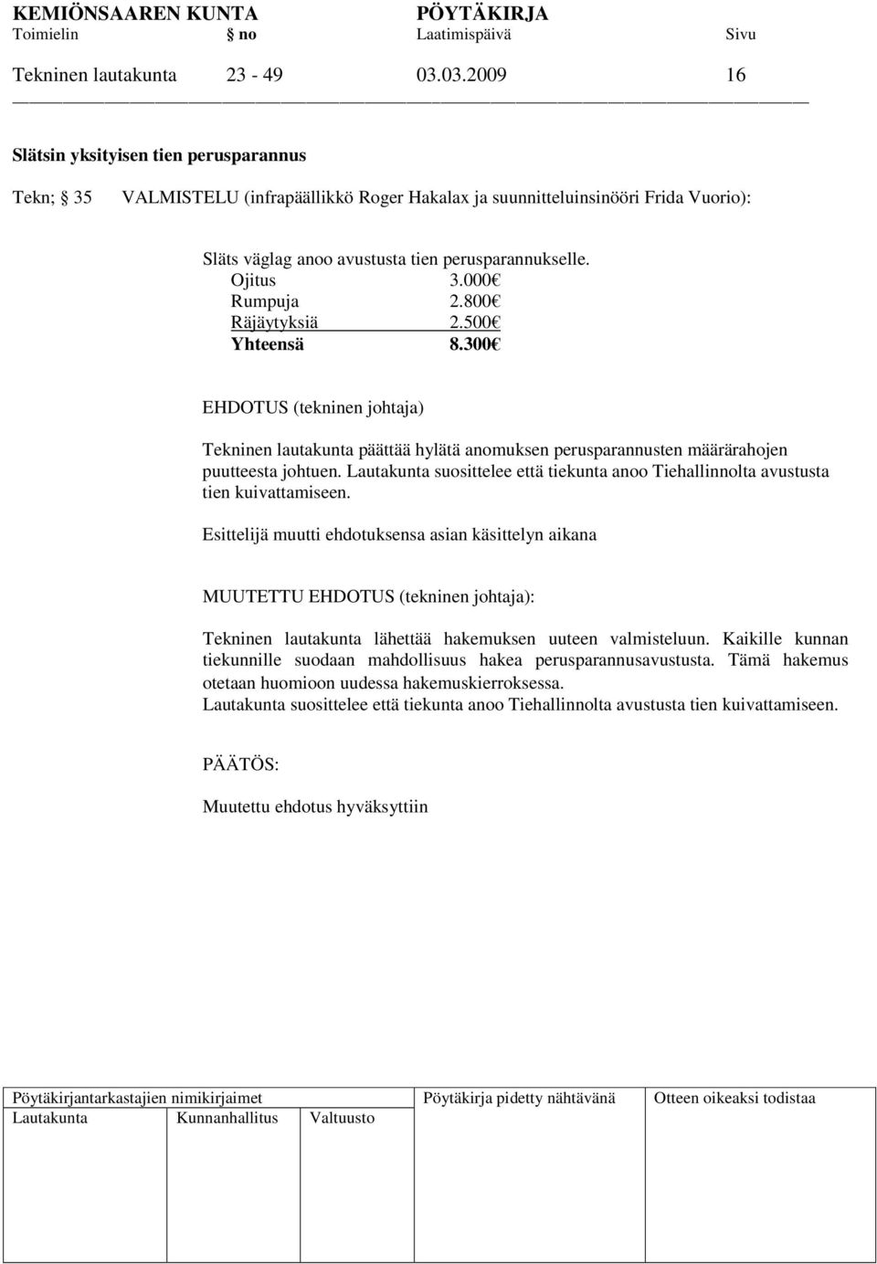 000 Rumpuja 2.800 Räjäytyksiä 2.500 Yhteensä 8.300 EHDOTUS (tekninen johtaja) Tekninen lautakunta päättää hylätä anomuksen perusparannusten määrärahojen puutteesta johtuen.