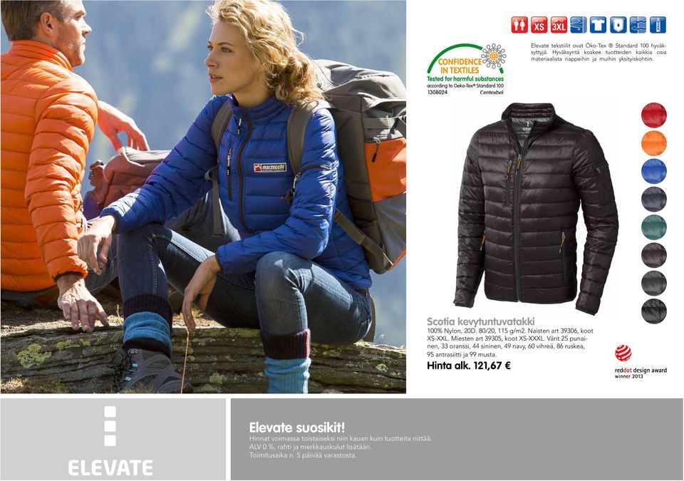 Scotia kevytuntuvatakki 100% Nylon, 20D. 80/20, 115 g/m2. Naisten art 39306, koot XS-XXL. Miesten art 39305, koot XS-XXXL.