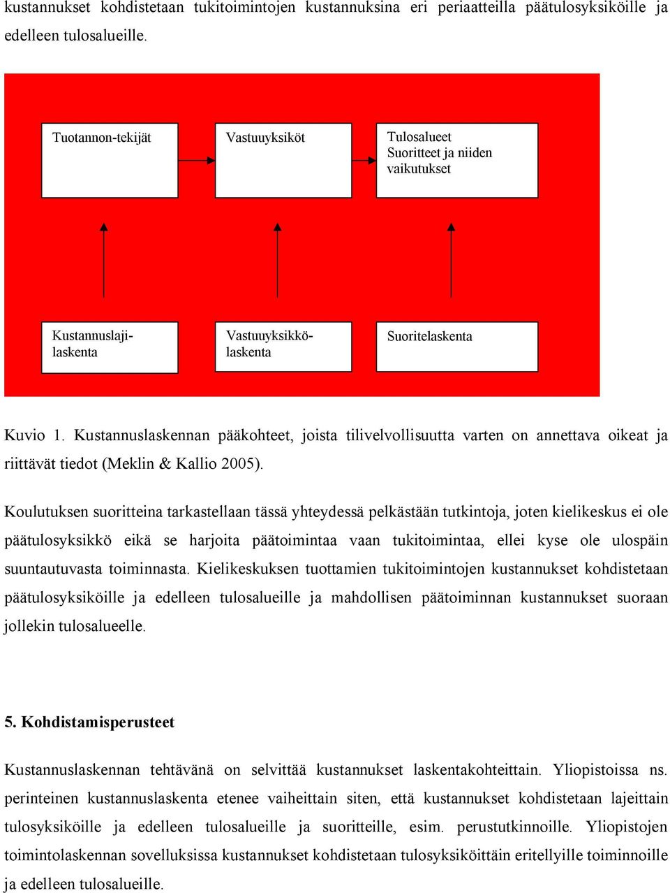 Kustannuslaskennan pääkohteet, joista tilivelvollisuutta varten on annettava oikeat ja riittävät tiedot (Meklin & Kallio 2005).