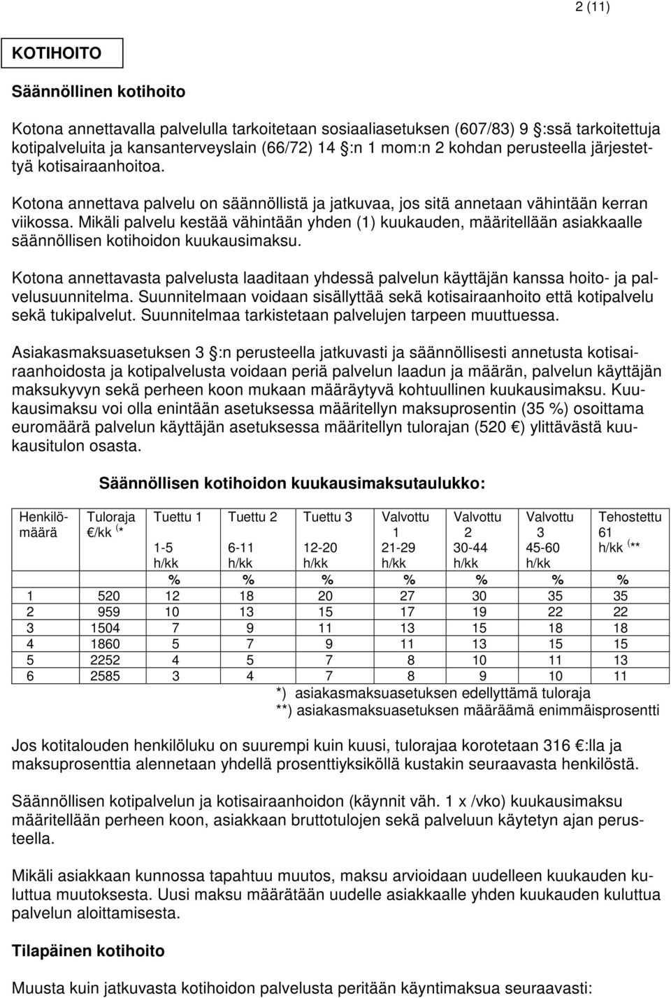 Mikäli palvelu kestää vähintään yhden (1) kuukauden, määritellään asiakkaalle säännöllisen kotihoidon kuukausimaksu.