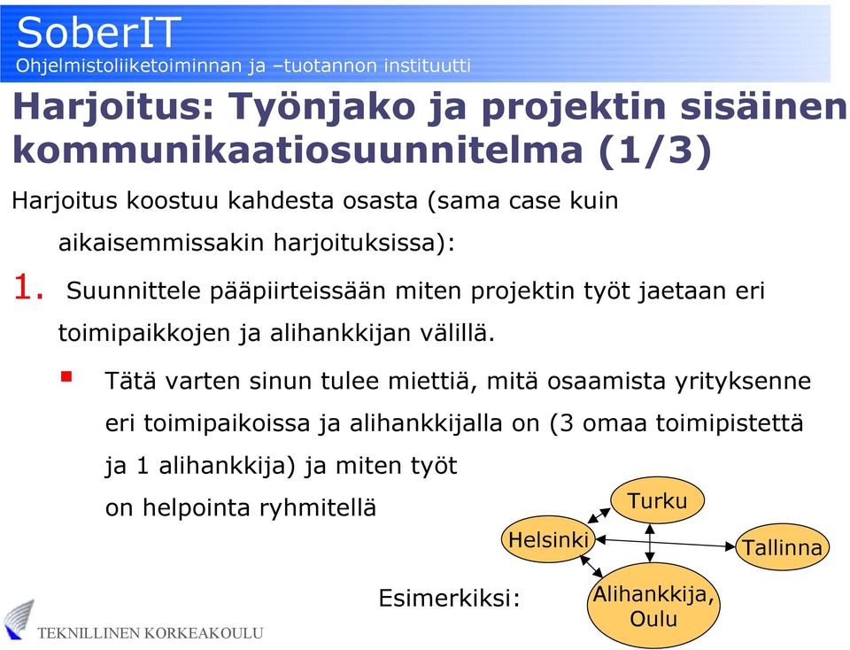 Suunnittele pääpiirteissään miten projektin työt jaetaan eri toimipaikkojen ja alihankkijan välillä.