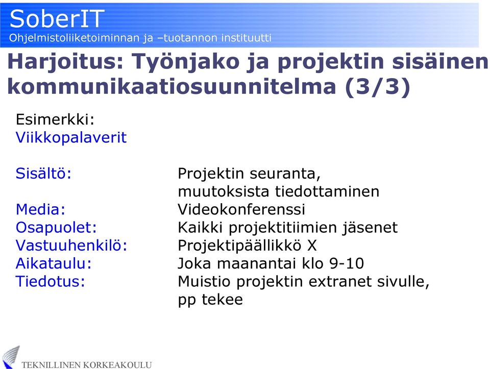 Videokonferenssi Osapuolet: Kaikki projektitiimien jäsenet Vastuuhenkilö: