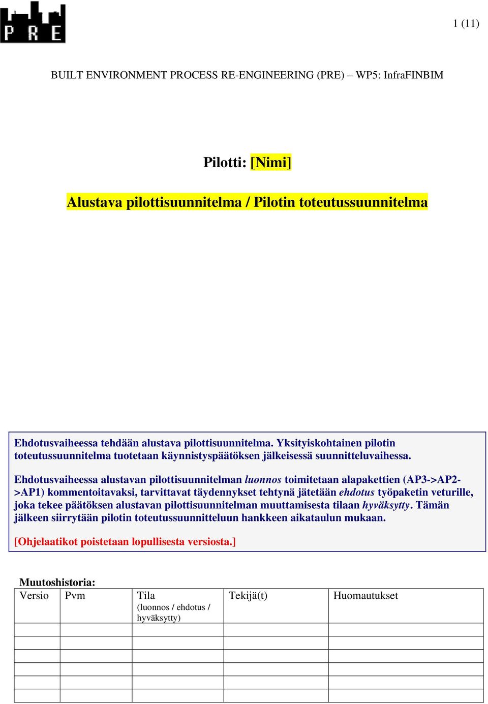 Ehdotusvaiheessa alustavan pilottisuunnitelman luonnos toimitetaan alapakettien (AP3->AP2- >AP1) kommentoitavaksi, tarvittavat täydennykset tehtynä jätetään ehdotus työpaketin veturille, joka tekee