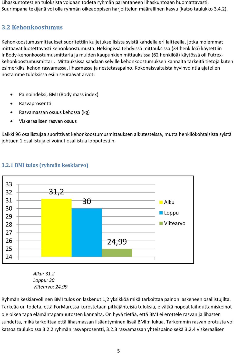 Helsingissä tehdyissä mittauksissa (34 henkilöä) käytettiin InBody-kehonkoostumusmittaria ja muiden kaupunkien mittauksissa (62 henkilöä) käytössä oli Futrexkehonkoostumusmittari.