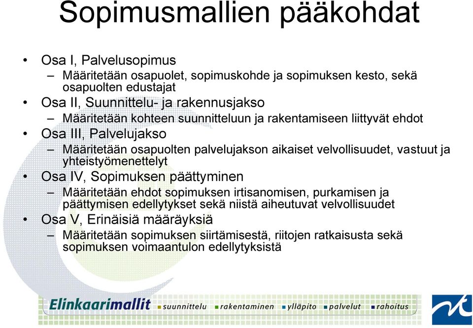 velvollisuudet, vastuut ja yhteistyömenettelyt Osa IV, Sopimuksen päättyminen Määritetään ehdot sopimuksen irtisanomisen, purkamisen ja päättymisen