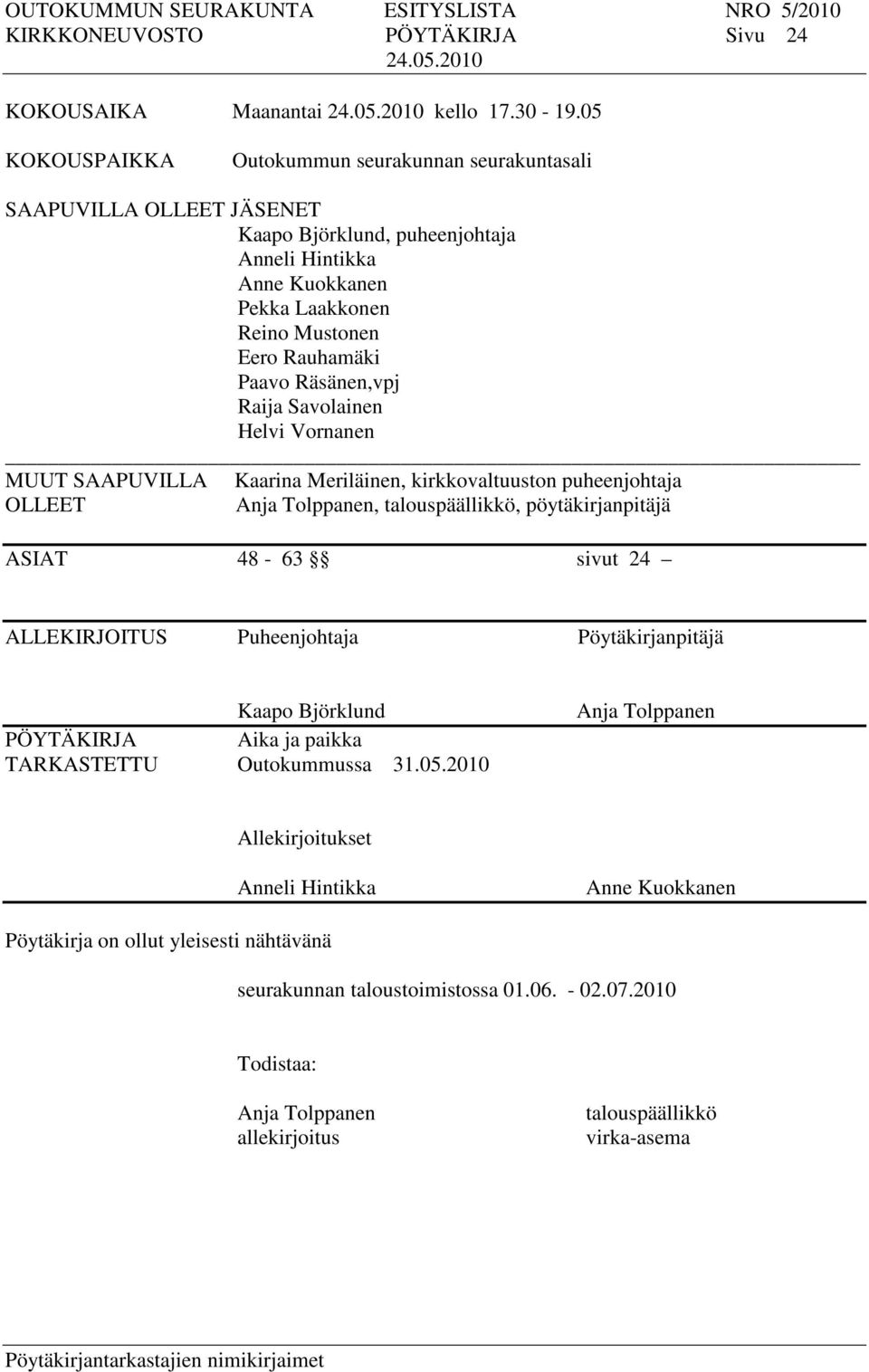 Räsänen,vpj Raija Savolainen Helvi Vornanen MUUT SAAPUVILLA Kaarina Meriläinen, kirkkovaltuuston puheenjohtaja OLLEET Anja Tolppanen, talouspäällikkö, pöytäkirjanpitäjä ASIAT 48-63 sivut 24