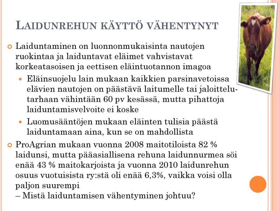 koske Luomusääntöjen mukaan eläinten tulisia päästä laiduntamaan aina, kun se on mahdollista ProAgrian mukaan vuonna 2008 maitotiloista 82 % laidunsi, mutta pääasiallisena