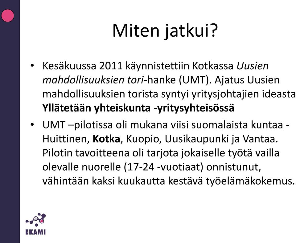pilotissa oli mukana viisi suomalaista kuntaa - Huittinen, Kotka, Kuopio, Uusikaupunki ja Vantaa.
