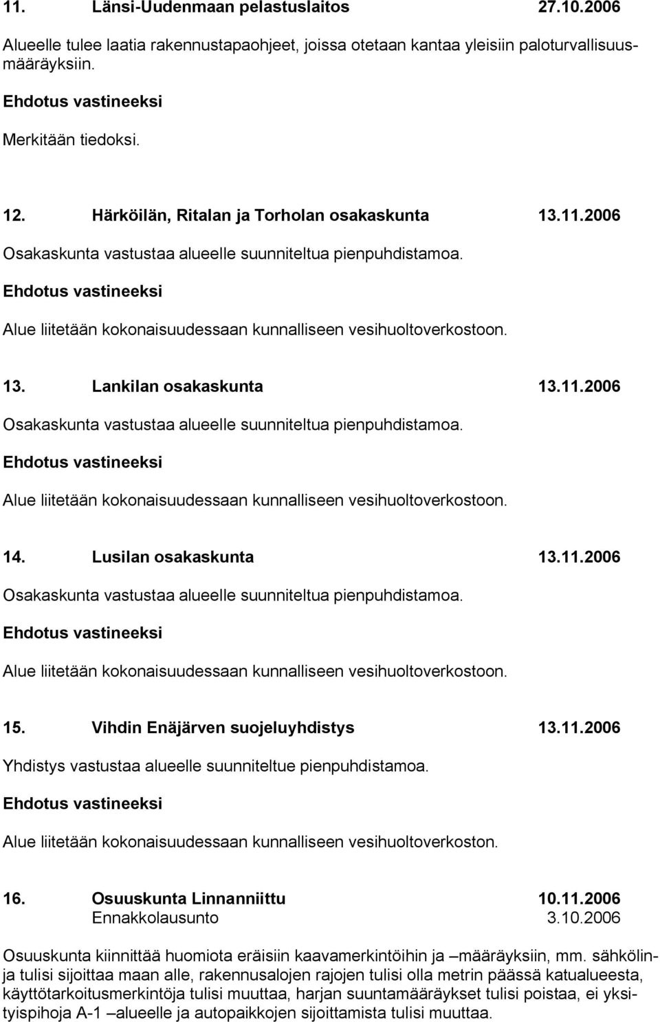 Vihdin Enäjärven suojeluyhdistys 13.11.2006 Yhdistys vastustaa alueelle suunniteltue pienpuhdistamoa. Alue liitetään kokonaisuudessaan kunnalliseen vesihuoltoverkoston. 16. Osuuskunta Linnanniittu 10.