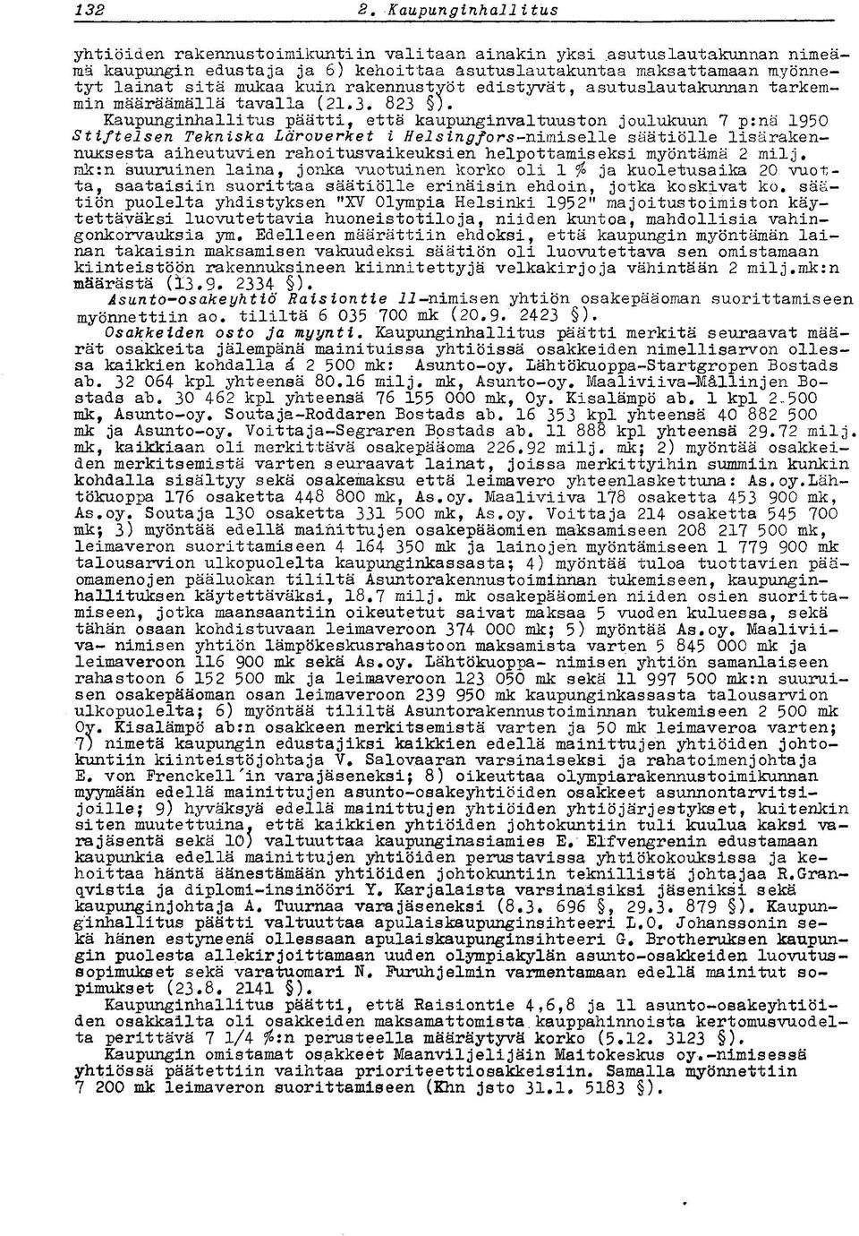 Kaupunginhallitus päätti, että kaupunginvaltuuston joulukuun 7 p:nä 1950 Stiftelsen Tekniska Läroverket i Hel s ingfors-nimiselle säätiölle lisärakennuksesta aiheutuvien rahoitusvaikeuksien