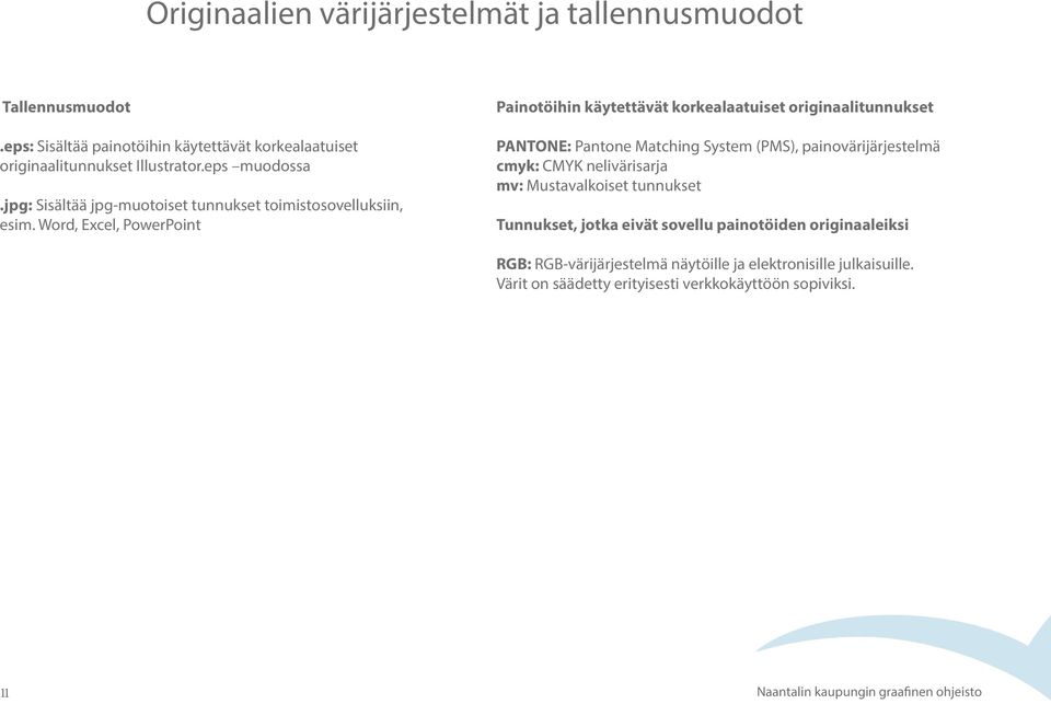 Word, Excel, PowerPoint Painotöihin käytettävät korkealaatuiset originaalitunnukset PANTONE: Pantone Matching System (PMS), painovärijärjestelmä cmyk: CMYK