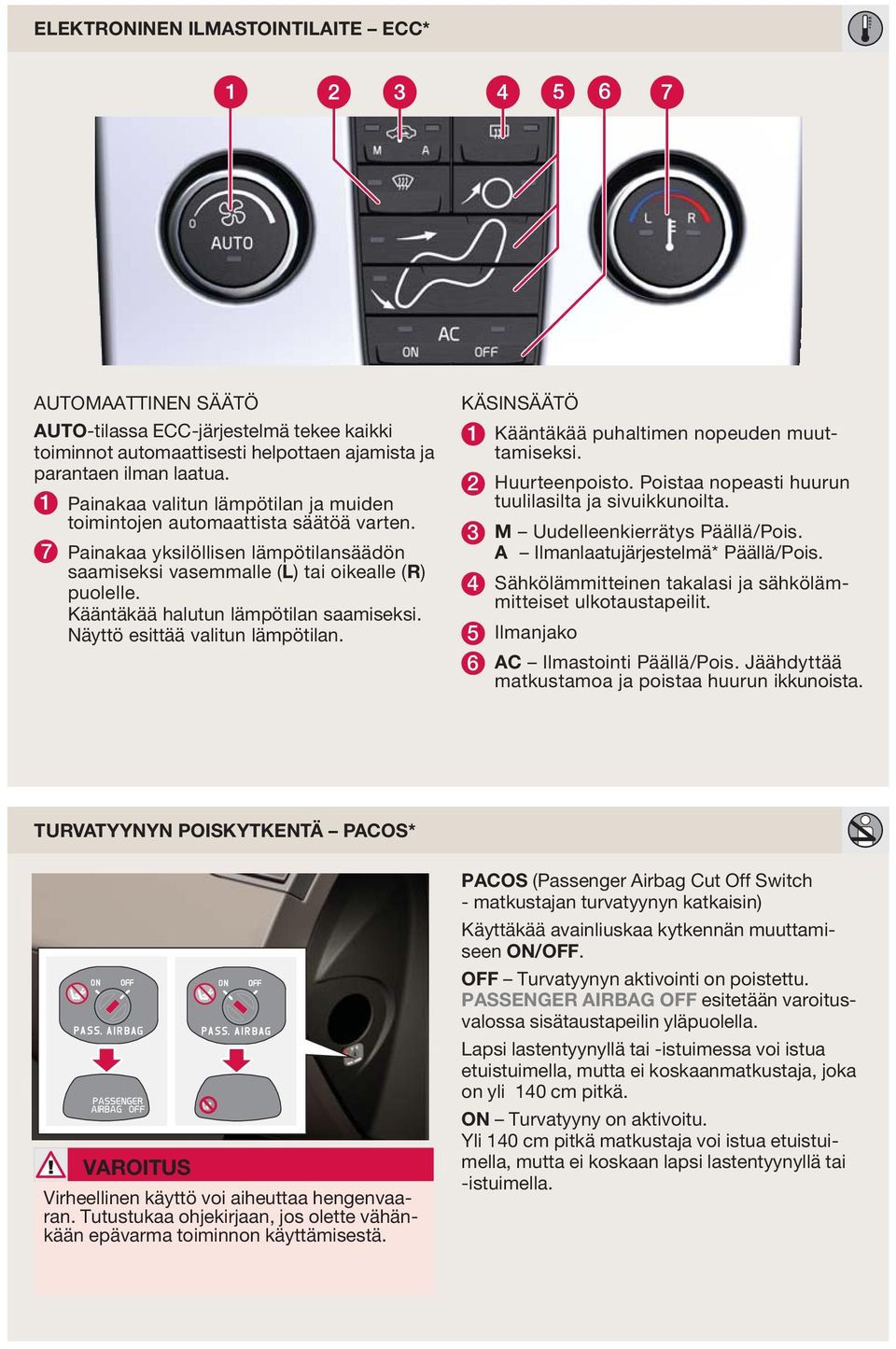 Kääntäkää halutun lämpötilan saamiseksi. Näyttö esittää valitun lämpötilan. KÄSINSÄÄTÖ 1 Kääntäkää puhaltimen nopeuden muuttamiseksi. 2 Huurteenpoisto.