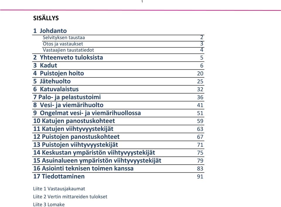 Katujen viihtyvyystekijät Puistojen panostuskohteet Puistojen viihtyvyystekijät 1 Keskustan ympäristön viihtyvyystekijät 1 Asuinalueen