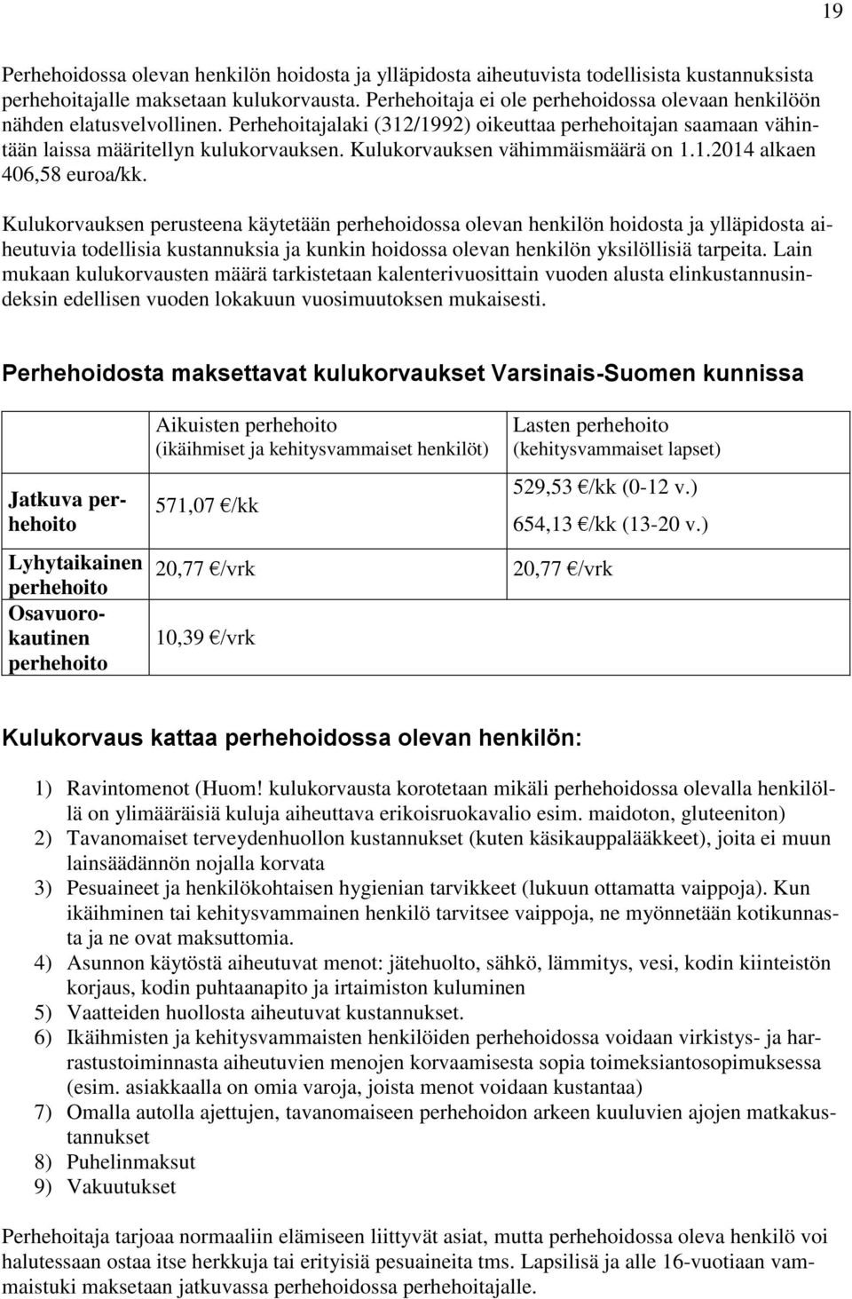 Kulukorvauksen vähimmäismäärä on 1.1.2014 alkaen 406,58 euroa/kk.