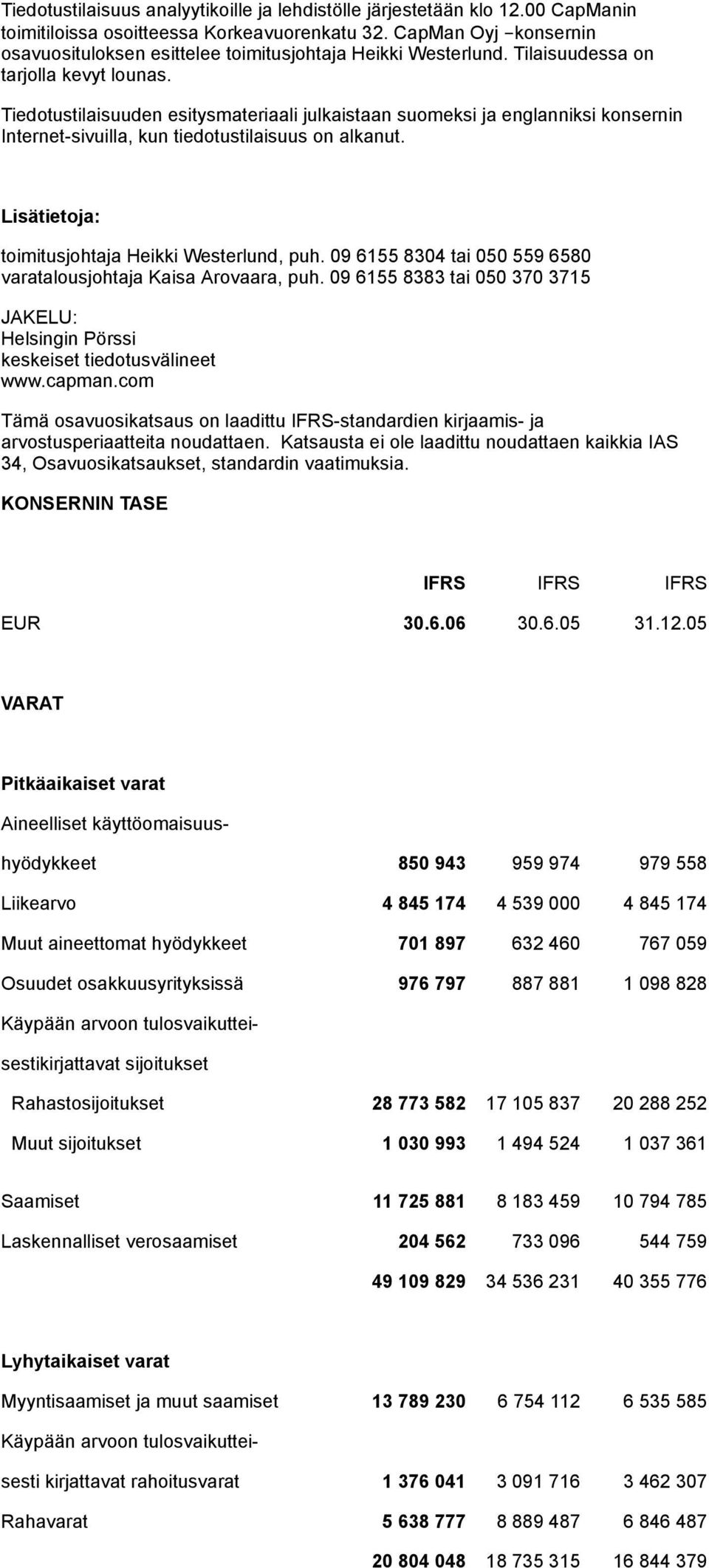 Tiedotustilaisuuden esitysmateriaali julkaistaan suomeksi ja englanniksi konsernin Internet-sivuilla, kun tiedotustilaisuus on alkanut. Lisätietoja: toimitusjohtaja Heikki Westerlund, puh.