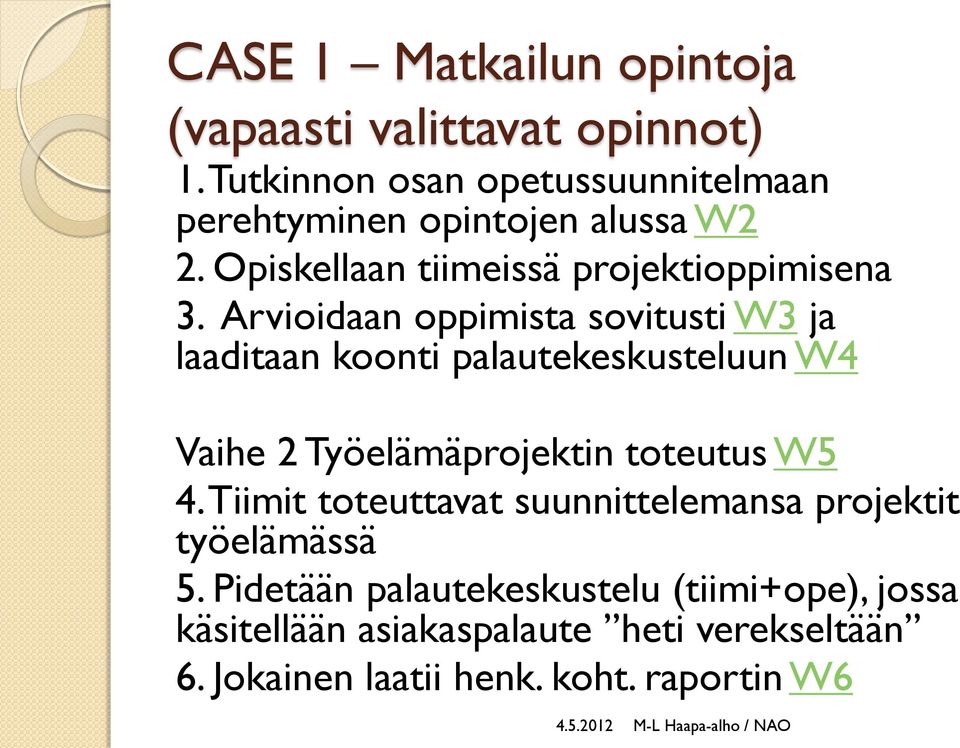 Arvioidaan oppimista sovitusti W3 ja laaditaan koonti palautekeskusteluun W4 Vaihe 2 Työelämäprojektin toteutus W5 4.