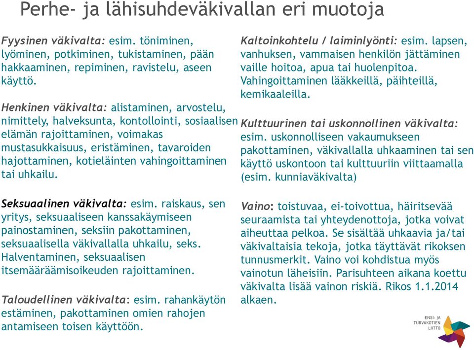 vahingoittaminen tai uhkailu. Kaltoinkohtelu / laiminlyönti: esim. lapsen, vanhuksen, vammaisen henkilön jättäminen vaille hoitoa, apua tai huolenpitoa.