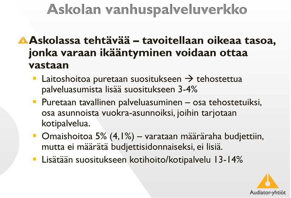 palveluasuminen osa tehostetuiksi, osa asunnoista vuokra-asunnoiksi, joihin tarjotaan kotipalvelua.