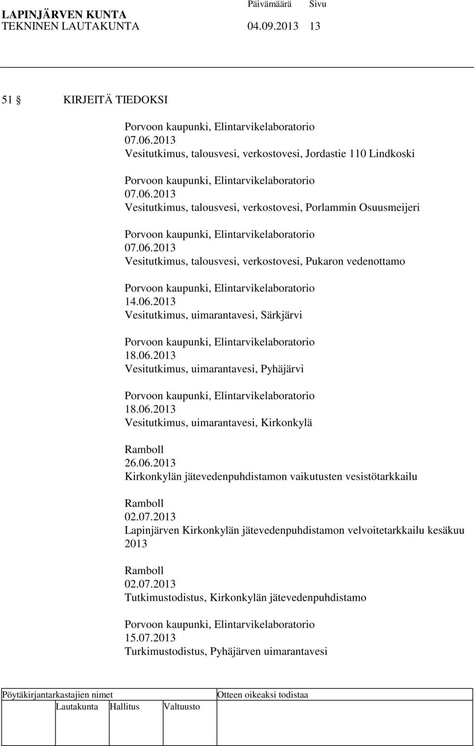 2013 Vesitutkimus, talousvesi, verkostovesi, Porlammin Osuusmeijeri Porvoon kaupunki, Elintarvikelaboratorio 07.06.