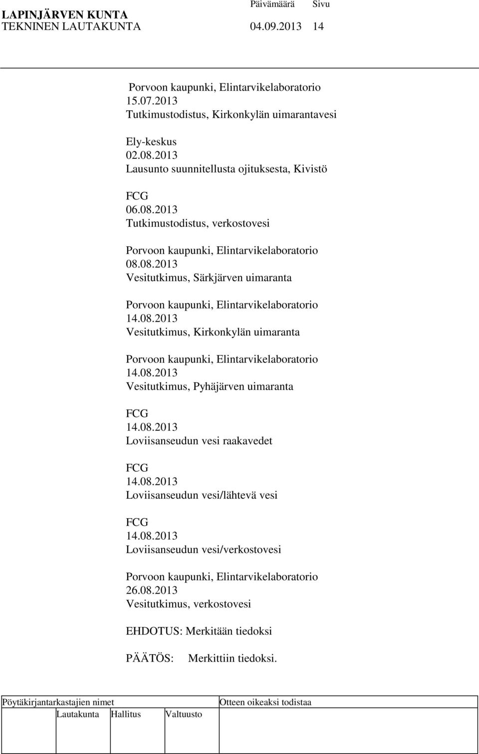 08.2013 Vesitutkimus, Kirkonkylän uimaranta Porvoon kaupunki, Elintarvikelaboratorio 14.08.2013 Vesitutkimus, Pyhäjärven uimaranta FCG 14.08.2013 Loviisanseudun vesi raakavedet FCG 14.08.2013 Loviisanseudun vesi/lähtevä vesi FCG 14.