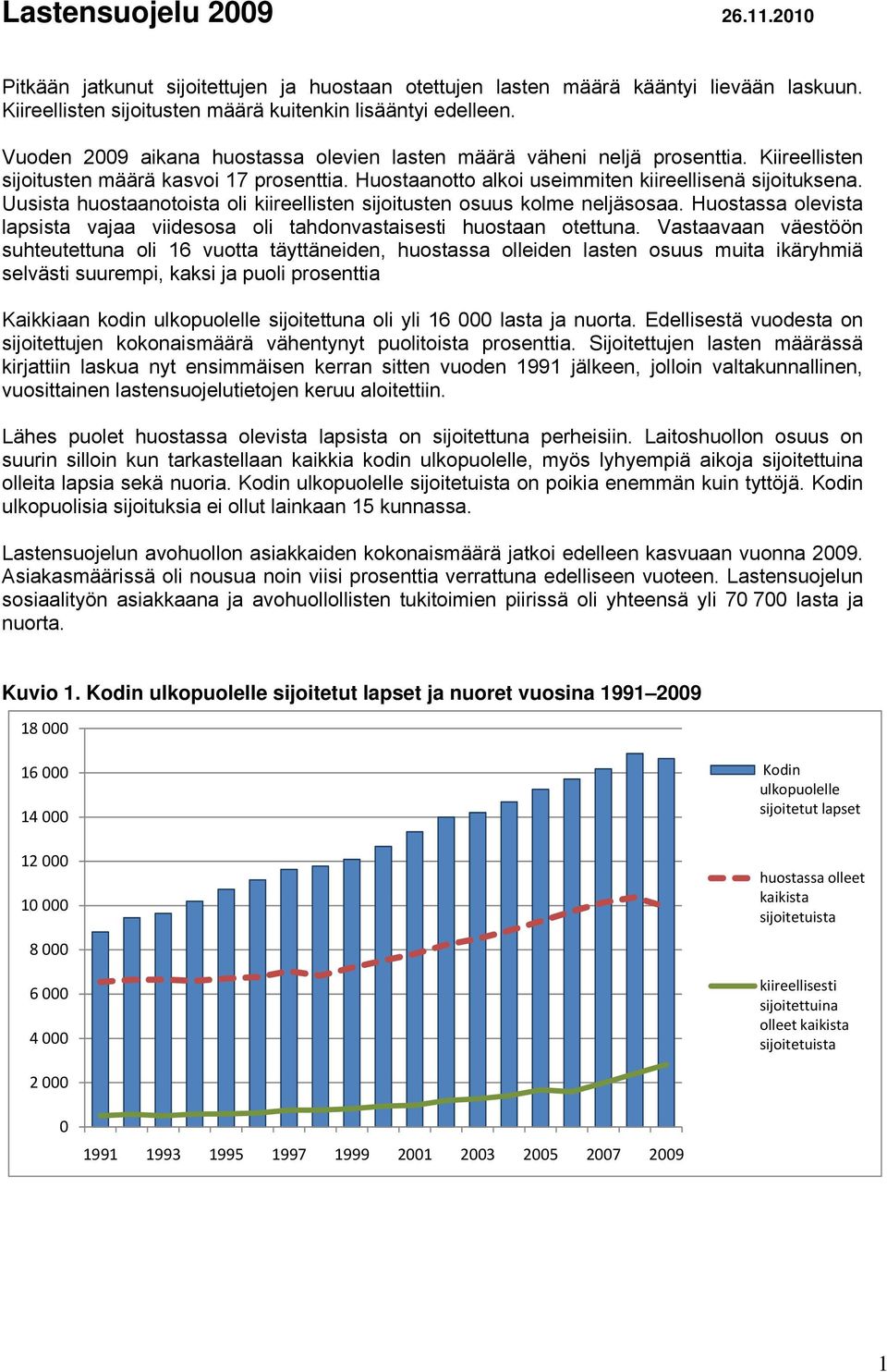 Uusista huostaanotoista oli kiireellisten sijoitusten osuus kolme neljäsosaa. Huostassa olevista lapsista vajaa viidesosa oli tahdonvastaisesti huostaan otettuna.