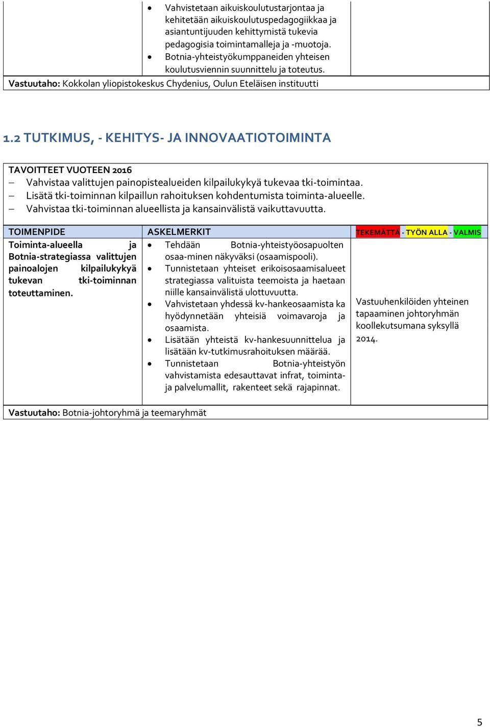 2 TUTKIMUS, - KEHITYS- JA INNOVAATIOTOIMINTA TAVOITTEET VUOTEEN 2016 Vahvistaa valittujen painopistealueiden kilpailukykyä tukevaa tki-toimintaa.