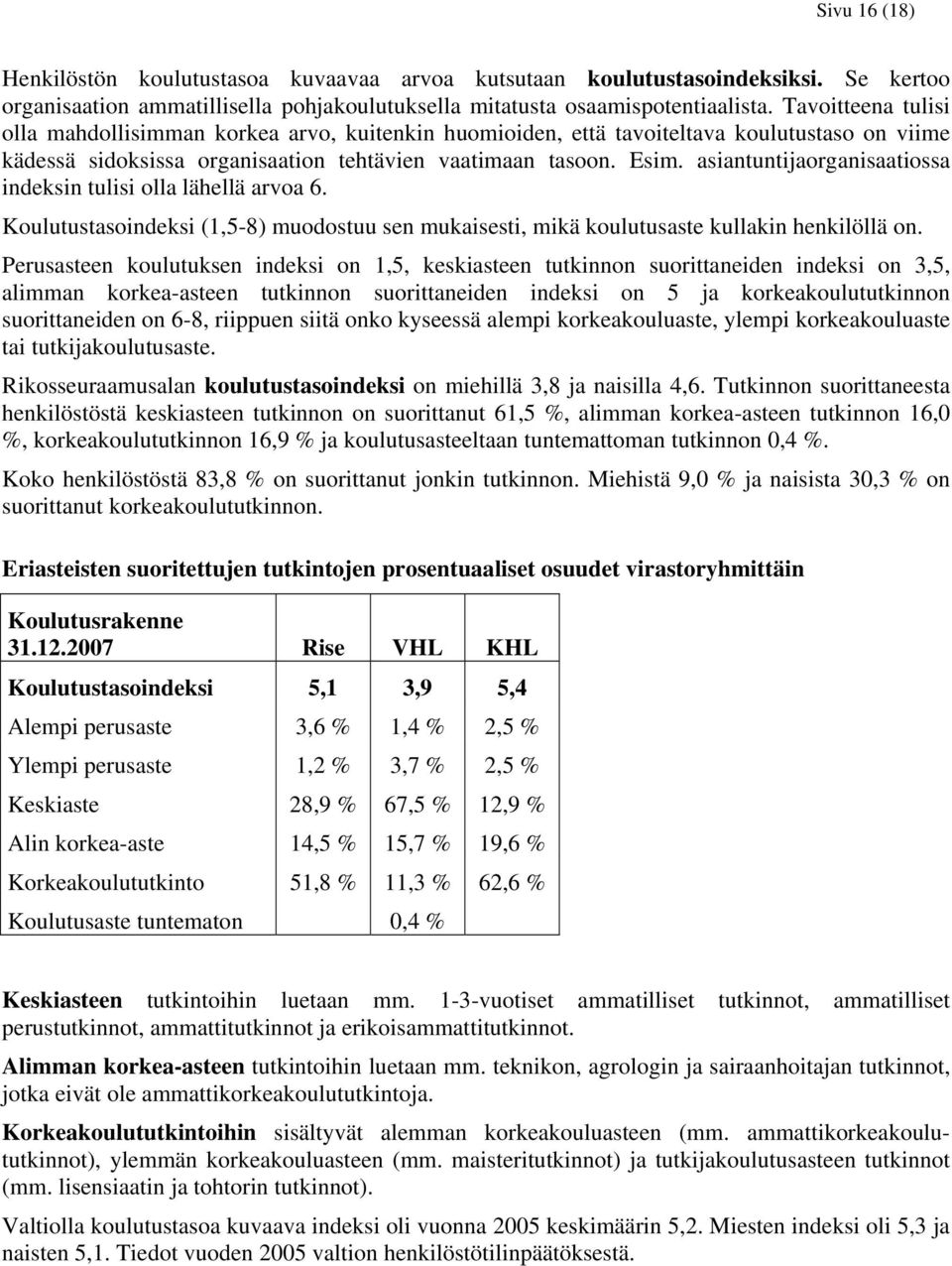 asiantuntijaorganisaatiossa indeksin tulisi olla lähellä arvoa 6. Koulutustasoindeksi (1,5-8) muodostuu sen mukaisesti, mikä koulutusaste kullakin henkilöllä on.