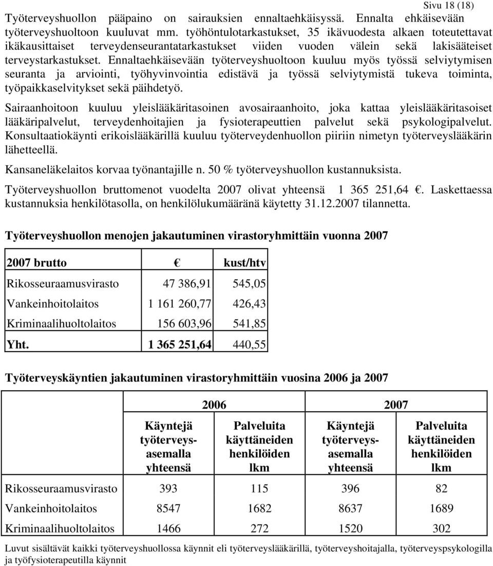 Ennaltaehkäisevään työterveyshuoltoon kuuluu myös työssä selviytymisen seuranta ja arviointi, työhyvinvointia edistävä ja työssä selviytymistä tukeva toiminta, työpaikkaselvitykset sekä päihdetyö.