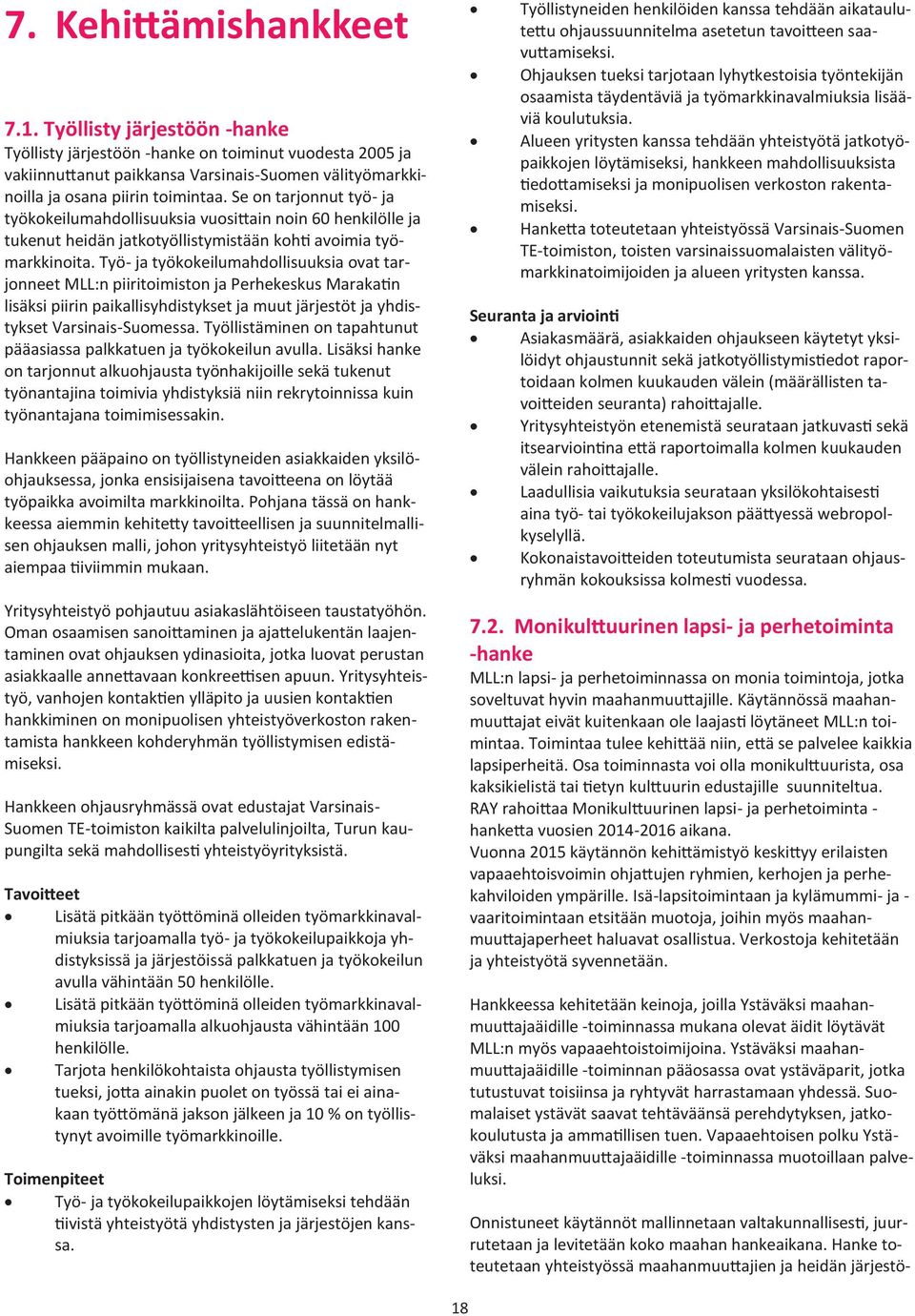Työ- ja työkokeilumahdollisuuksia ovat tarjonneet MLL:n piiritoimiston ja Perhekeskus Marakatin lisäksi piirin paikallisyhdistykset ja muut järjestöt ja yhdistykset Varsinais-Suomessa.