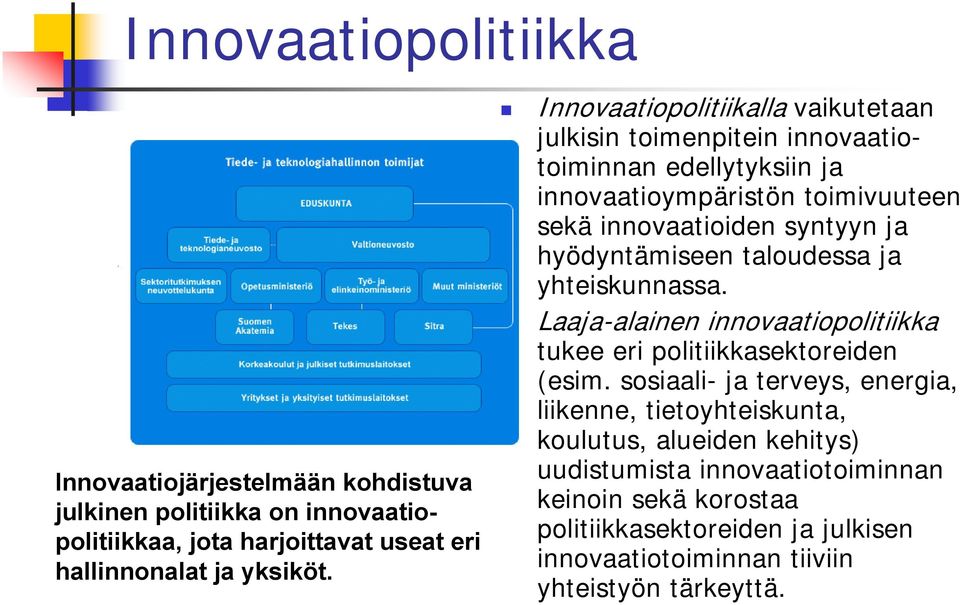 hyödyntämiseen taloudessa ja yhteiskunnassa. Laaja-alainen innovaatiopolitiikka tukee eri politiikkasektoreiden (esim.