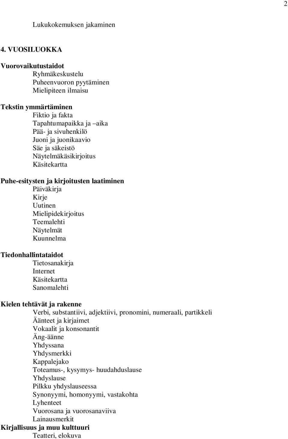 ja säkeistö Näytelmäkäsikirjoitus Käsitekartta Puhe-esitysten ja kirjoitusten laatiminen Päiväkirja Kirje Uutinen Mielipidekirjoitus Teemalehti Näytelmät Kuunnelma Tiedonhallintataidot Tietosanakirja