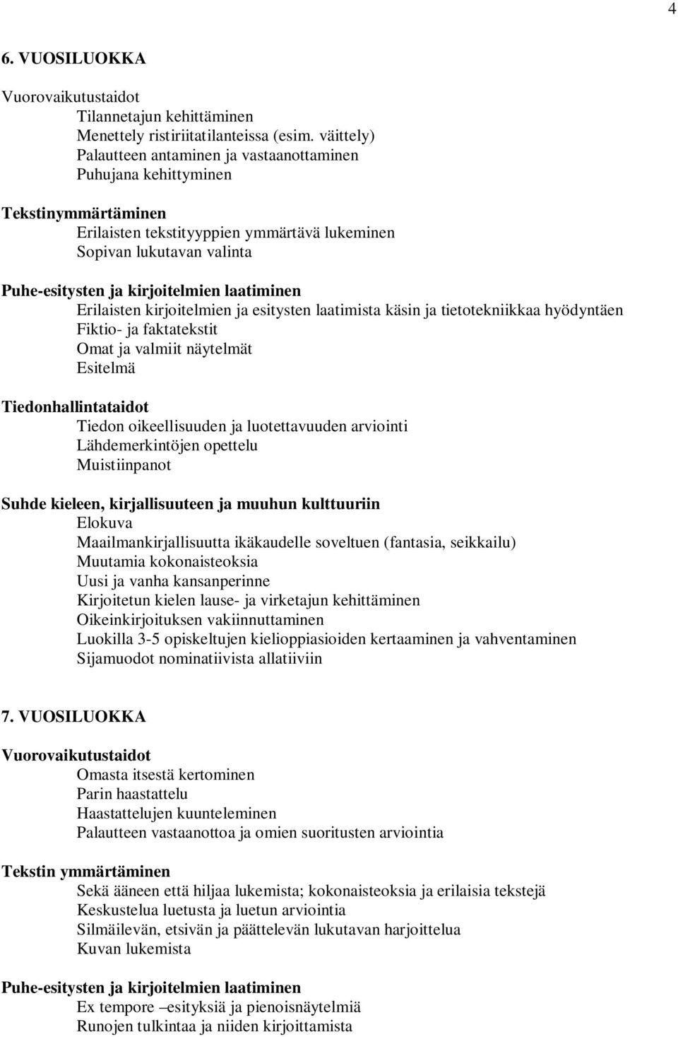 laatiminen Erilaisten kirjoitelmien ja esitysten laatimista käsin ja tietotekniikkaa hyödyntäen Fiktio- ja faktatekstit Omat ja valmiit näytelmät Esitelmä Tiedonhallintataidot Tiedon oikeellisuuden