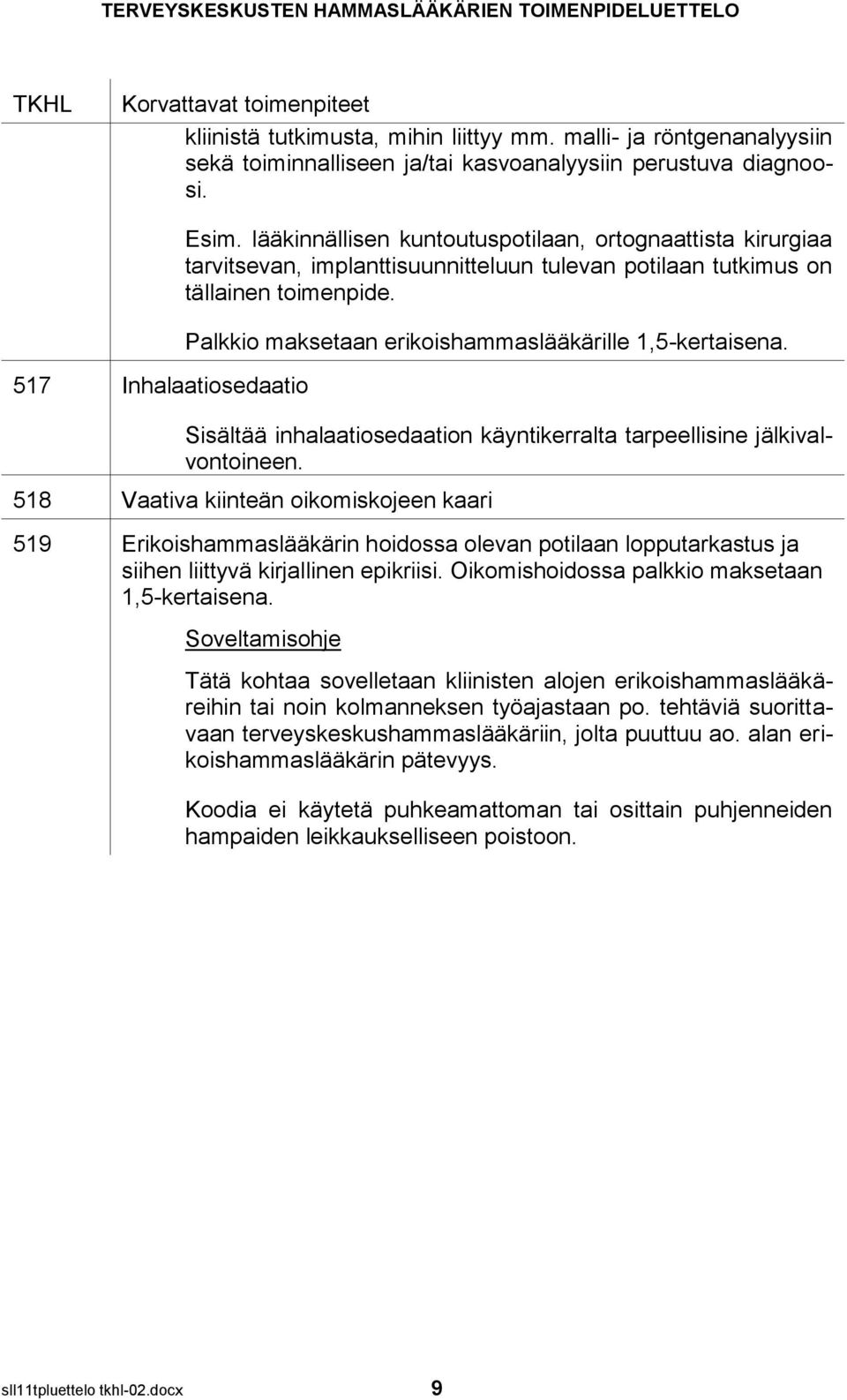 Palkkio maksetaan erikoishammaslääkärille 1,5-kertaisena. Sisältää inhalaatiosedaation käyntikerralta tarpeellisine jälkivalvontoineen.