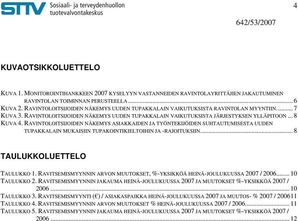 RAVINTOLOITSIJOIDEN NÄKEMYS ASIAKKAIDEN JA TYÖNTEKIJÖIDEN SUHTAUTUMISESTA UUDEN TUPAKKALAIN MUKAISIIN TUPAKOINTIKIELTOIHIN JA -RAJOITUKSIIN... 8 TAULUKKOLUETTELO TAULUKKO 1.