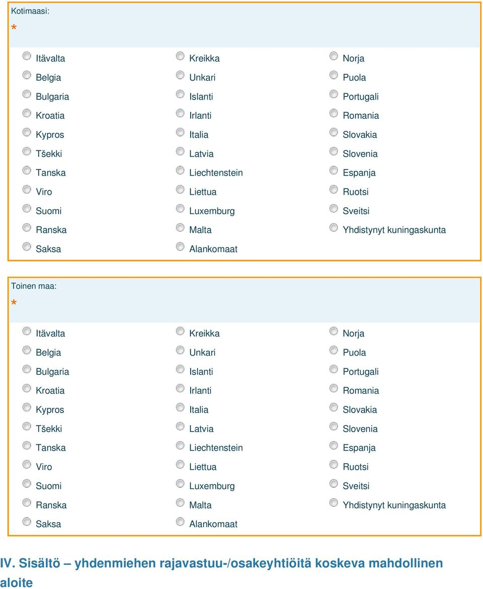 Belgia Unkari Puola Bulgaria Islanti Portugali Kroatia Irlanti Romania Kypros Italia Slovakia Tšekki Latvia Slovenia Tanska Liechtenstein Espanja Viro Liettua