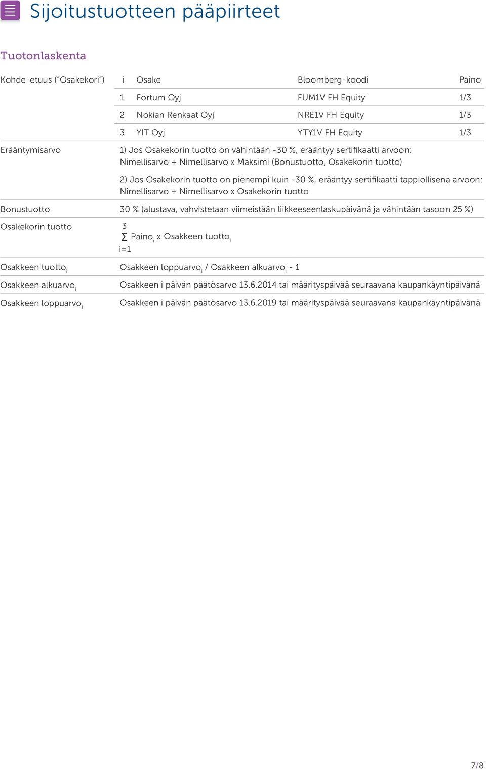 pienempi kuin -30 %, erääntyy sertifikaatti tappiollisena arvoon: Nimellisarvo + Nimellisarvo x Osakekorin tuotto Bonustuotto 30 % (alustava, vahvistetaan viimeistään liikkeeseenlaskupäivänä ja