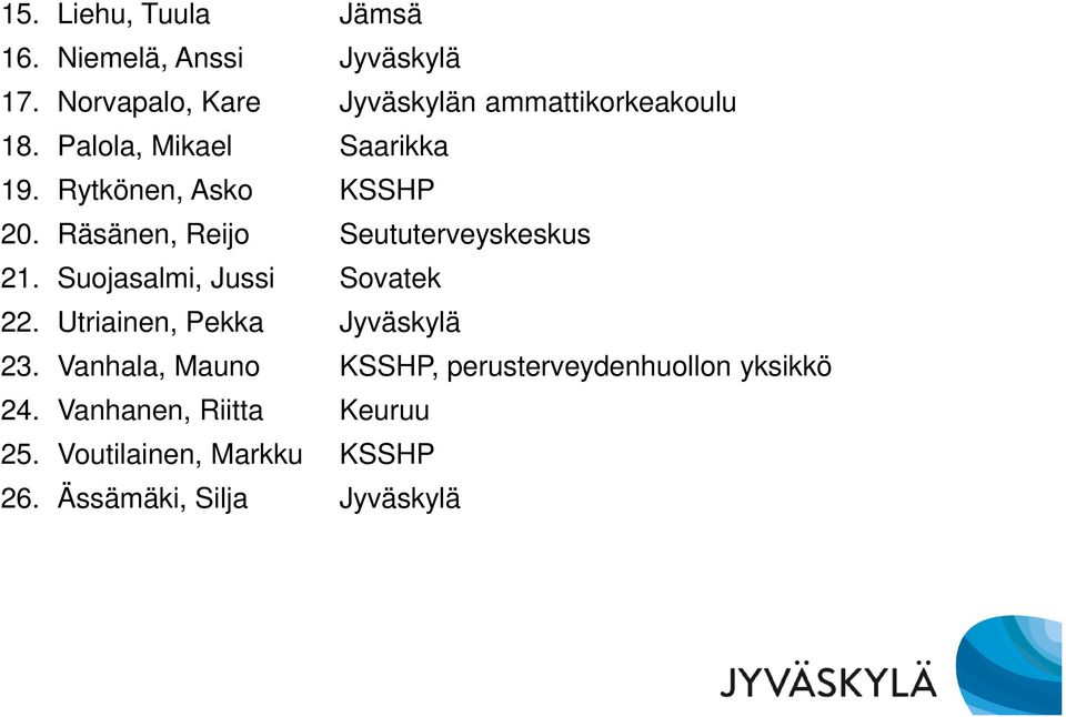 Rytkönen, Asko KSSHP 20. Räsänen, Reijo Seututerveyskeskus 21. Suojasalmi, Jussi Sovatek 22.
