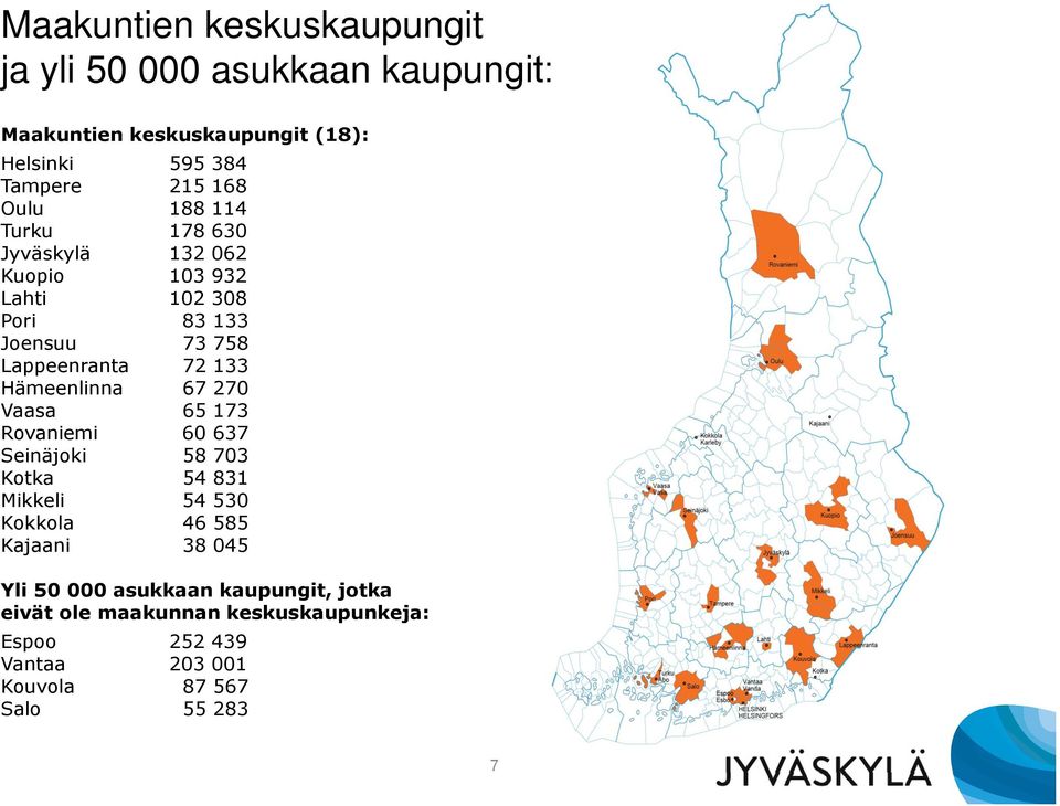 Hämeenlinna 67 270 Vaasa 65 173 Rovaniemi 60 637 Seinäjoki 58 703 Kotka 54 831 Mikkeli 54 530 Kokkola 46 585 Kajaani 38 045