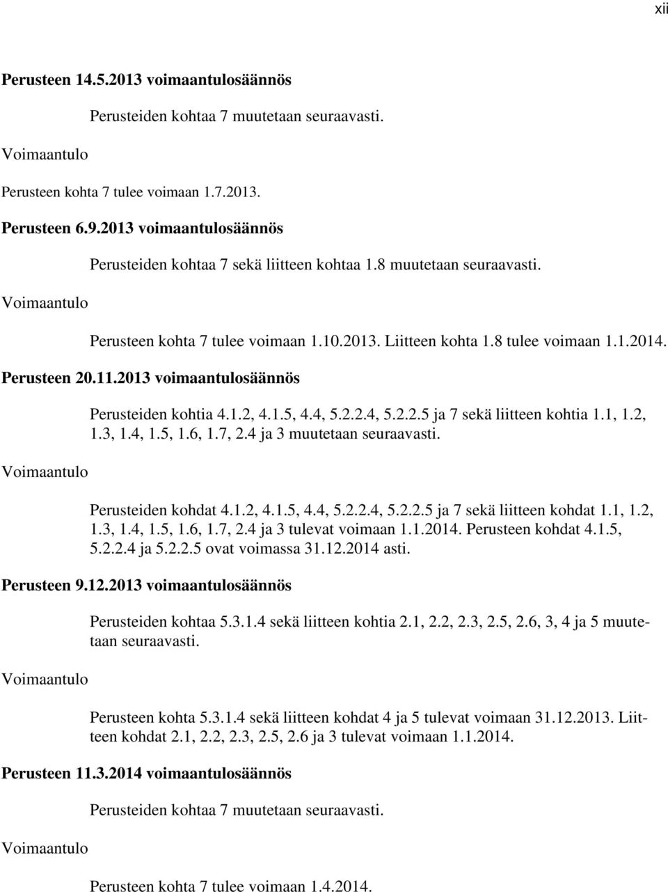 ,.2,.3,.4,.5,.6,.7, 2.4 ja 3 muutetaan seuraaasti. Perusteiden ohdat 4..2, 4..5, 4.4, 5.2.2.4, 5.2.2.5 ja 7 seä liitteen ohdat.,.2,.3,.4,.5,.6,.7, 2.4 ja 3 tuleat oimaan..204. Perusteen ohdat 4..5, 5.