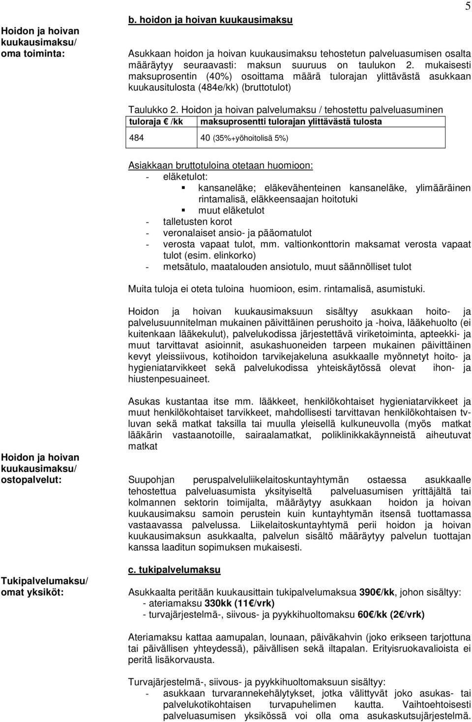 Hoidon ja hoivan palvelumaksu / tehostettu palveluasuminen tuloraja /kk maksuprosentti tulorajan ylittävästä tulosta 484 40 (35%+yöhoitolisä 5%) Asiakkaan bruttotuloina otetaan huomioon: -