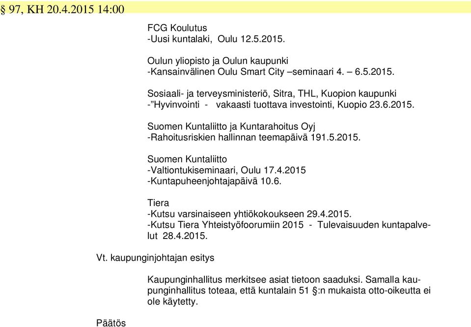 4.2015. -Kutsu Tiera Yhteistyöfoorumiin 2015 - Tulevaisuuden kuntapalvelut 28.4.2015. Vt. kaupunginjohtajan esitys Kaupunginhallitus merkitsee asiat tietoon saaduksi.