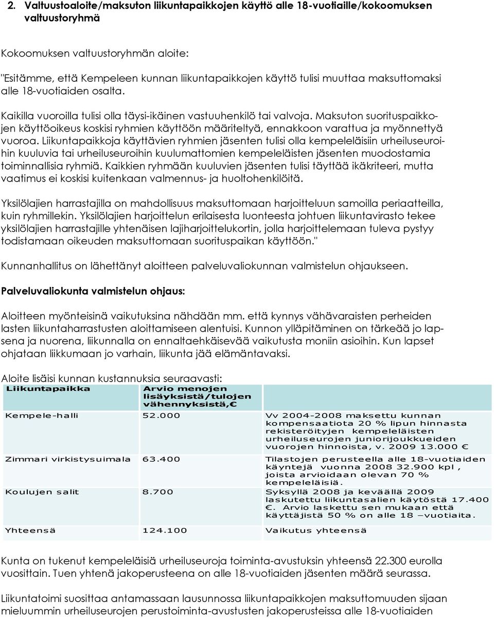 Maksuton suorituspaikkojen käyttöoikeus koskisi ryhmien käyttöön määriteltyä, ennakkoon varattua ja myönnettyä vuoroa.