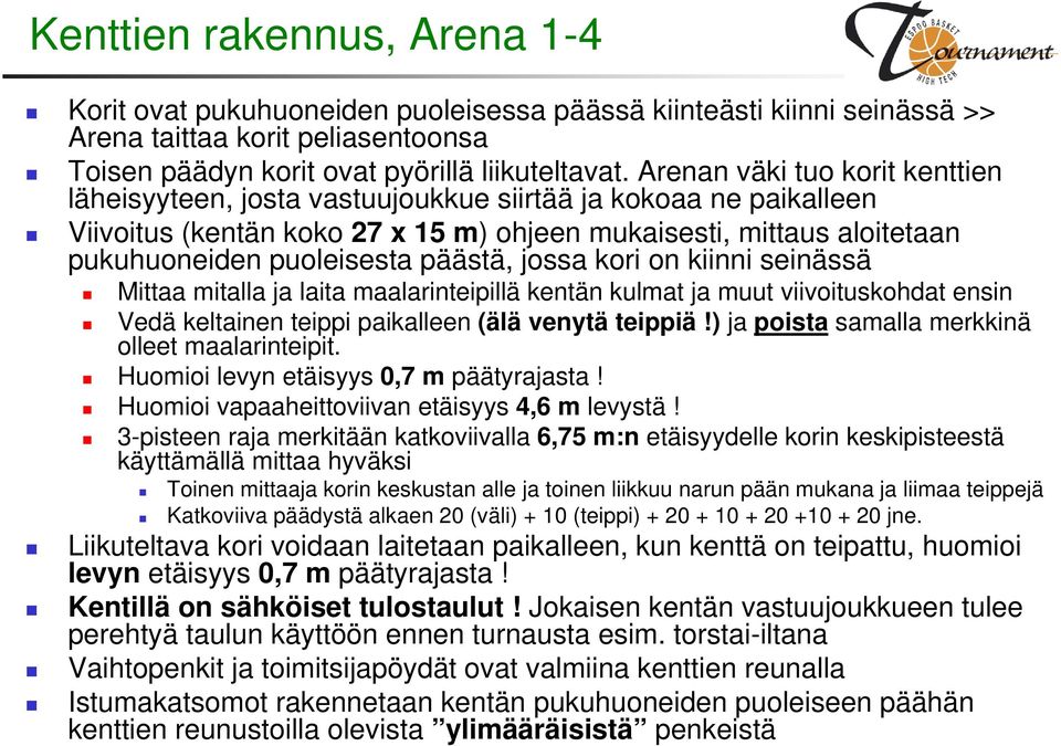 päästä, jossa kori on kiinni seinässä Mittaa mitalla ja laita maalarinteipillä kentän kulmat ja muut viivoituskohdat ensin Vedä keltainen teippi paikalleen (älä venytä teippiä!