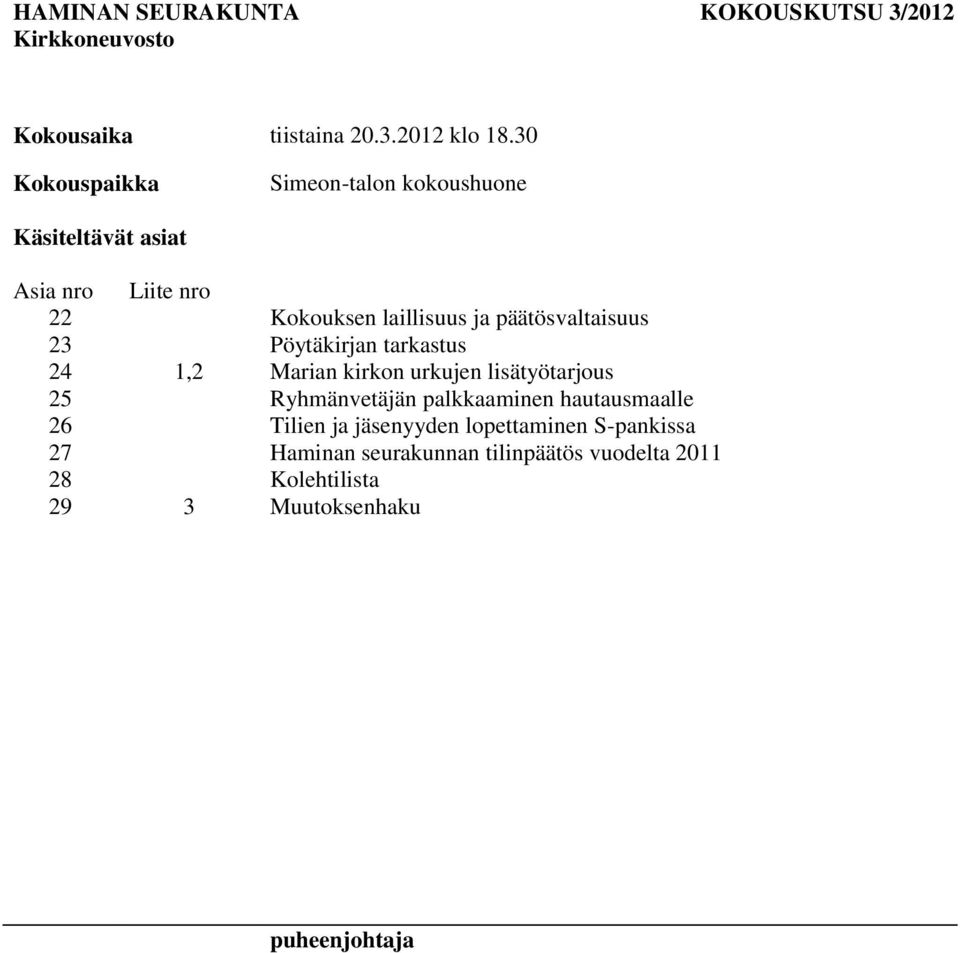 päätösvaltaisuus 23 Pöytäkirjan tarkastus 24 1,2 Marian kirkon urkujen lisätyötarjous 25 Ryhmänvetäjän