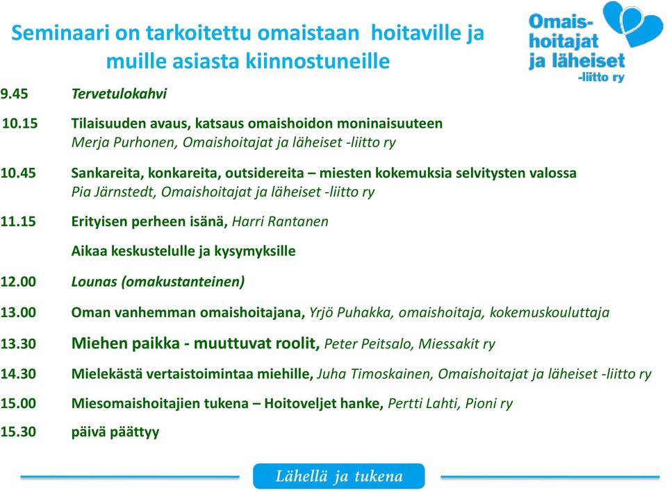 45 Sankareita, konkareita, outsidereita miesten kokemuksia selvitysten valossa Pia Järnstedt, Omaishoitajat ja läheiset -liitto ry 11.